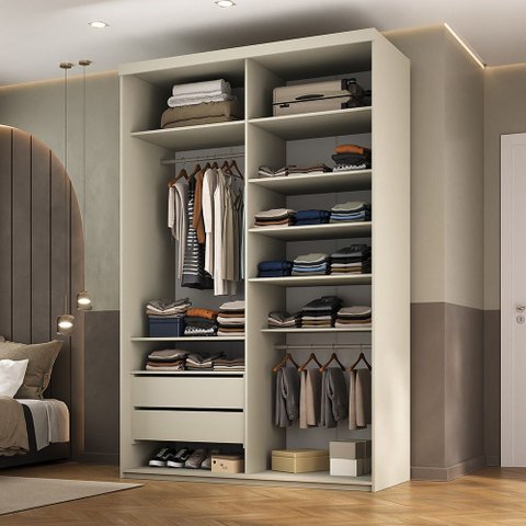 Closet Solteiro Guarda Roupa sem Porta 139cm 2 Gavetas Mdf Tunísia R02 Bege - Lyam Decor