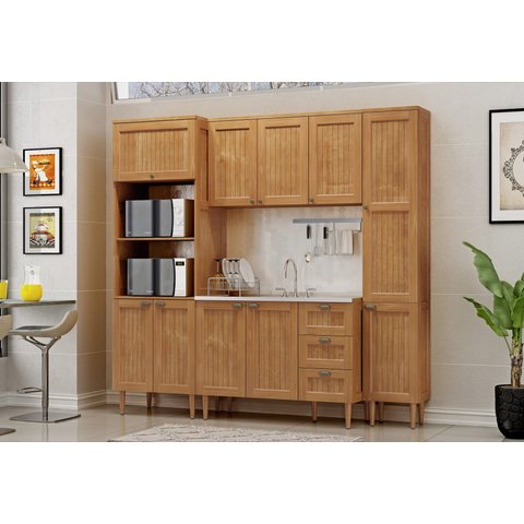 Cozinha Modulada em Madeira 10 Portas e 3 Gavetas com Torre Quente 2 Fornos e Paneleiro Versalles Me