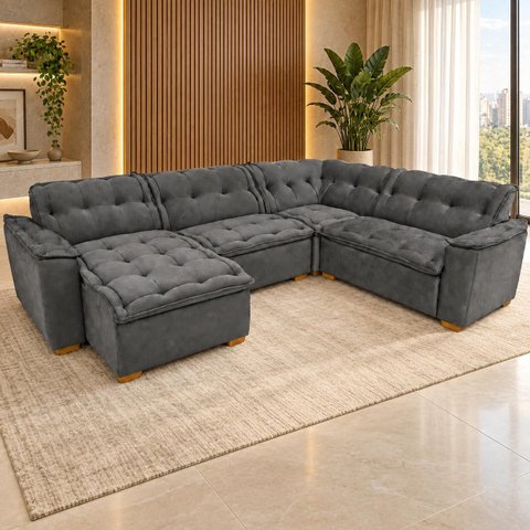 Sofá de Canto Premium 5 Lugares Chaise Grafite Inovaflex