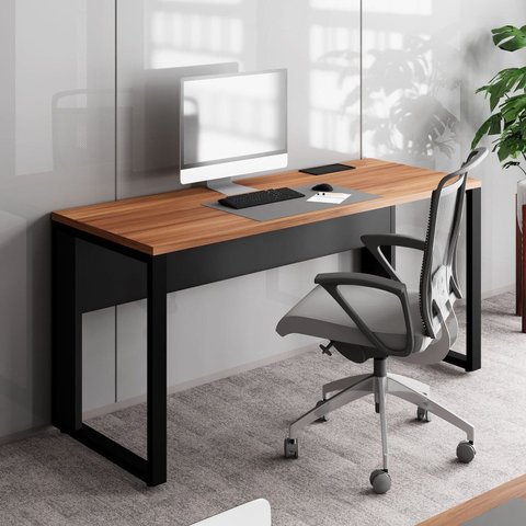 Mesa Plataforma Individual com Caixa de Tomadas Pés Metal 120cm Industrial Executive Nogal E Preto