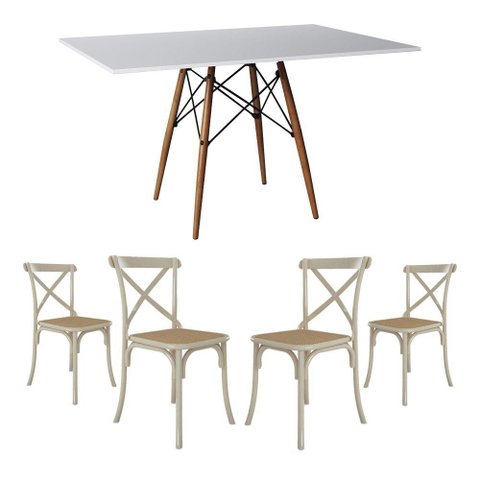 Conjunto de Mesa Eiffel Retangular Tampo de Madeira 120x75cm Branco com 4 Cadeiras Katrina Off White