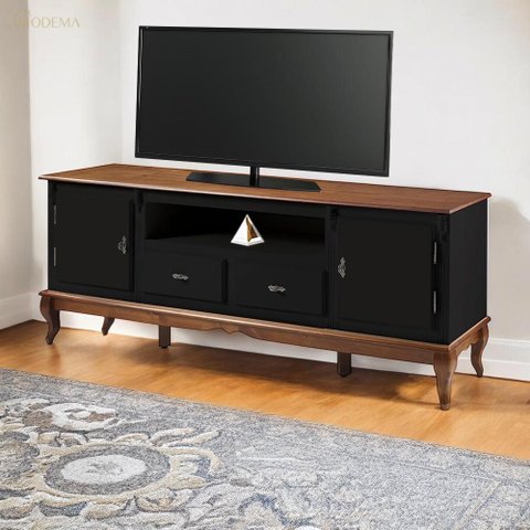 Rack para Sala com Pés Luis Xv 2 Gavetas 2 Portas de Madeira e Nicho 60503m - Preto/imbuia Glazer