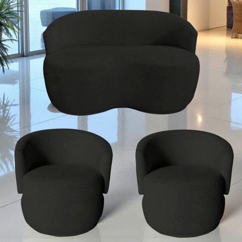 Kit Namoradeira + 2 Poltronas Decorativa Beatriz Orgânica Veludo Preto