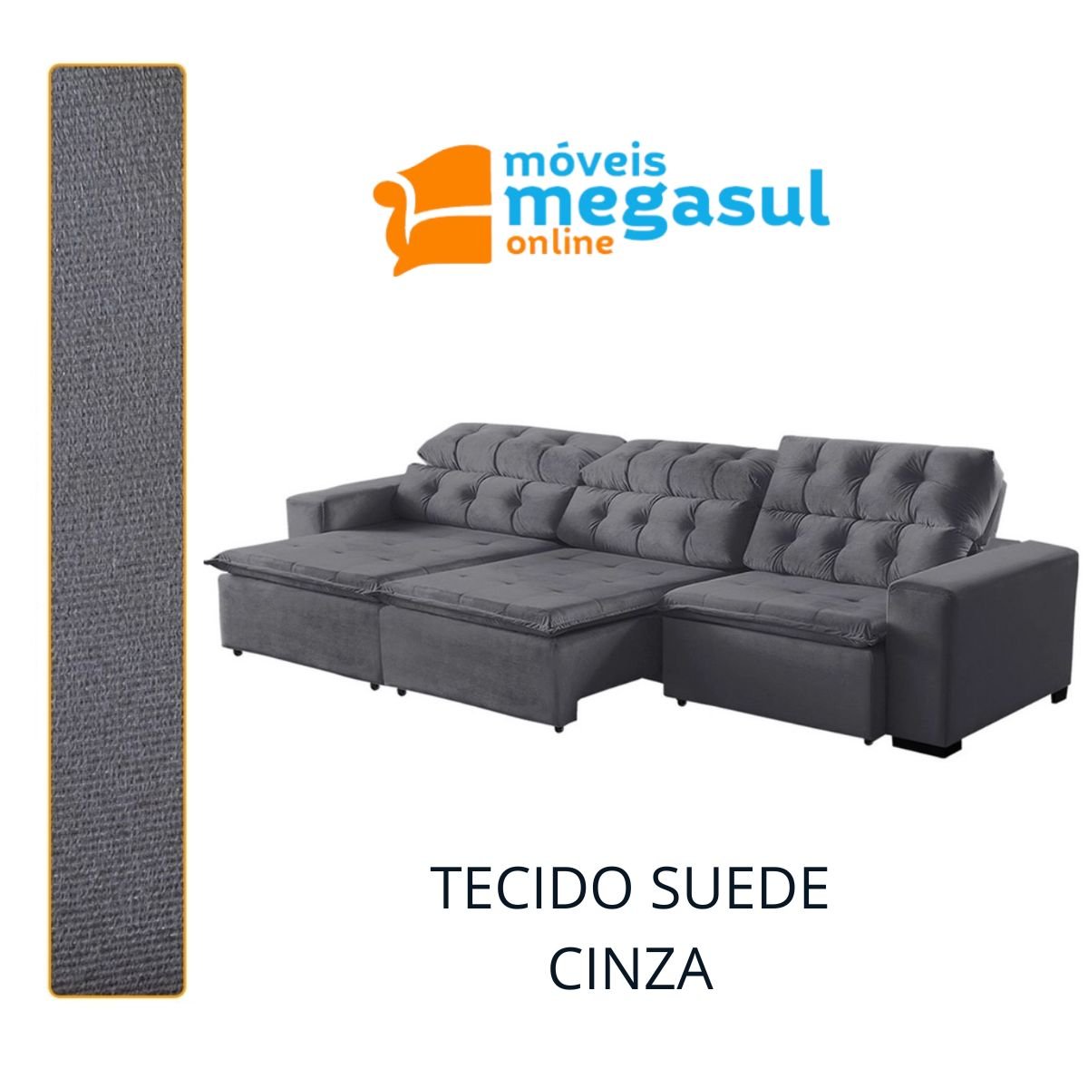 Sofá Retrátil Reclinável 7lugares 350cm Suede Cinza Megasul - 6