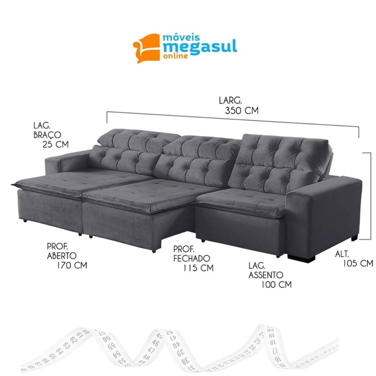 Sofá Retrátil Reclinável 7lugares 350cm Suede Cinza Megasul - 5