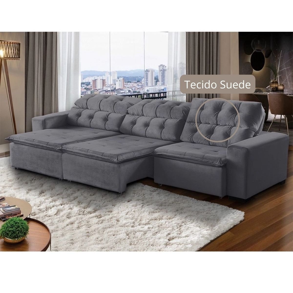 Sofá Retrátil Reclinável 7lugares 350cm Suede Cinza Megasul