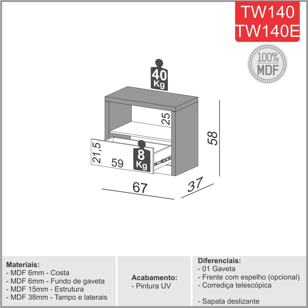 Mesa de Cabeceira 100% Mdf com 01 Gaveta Tw140 Dalla Costa - Freijó/off White - 3