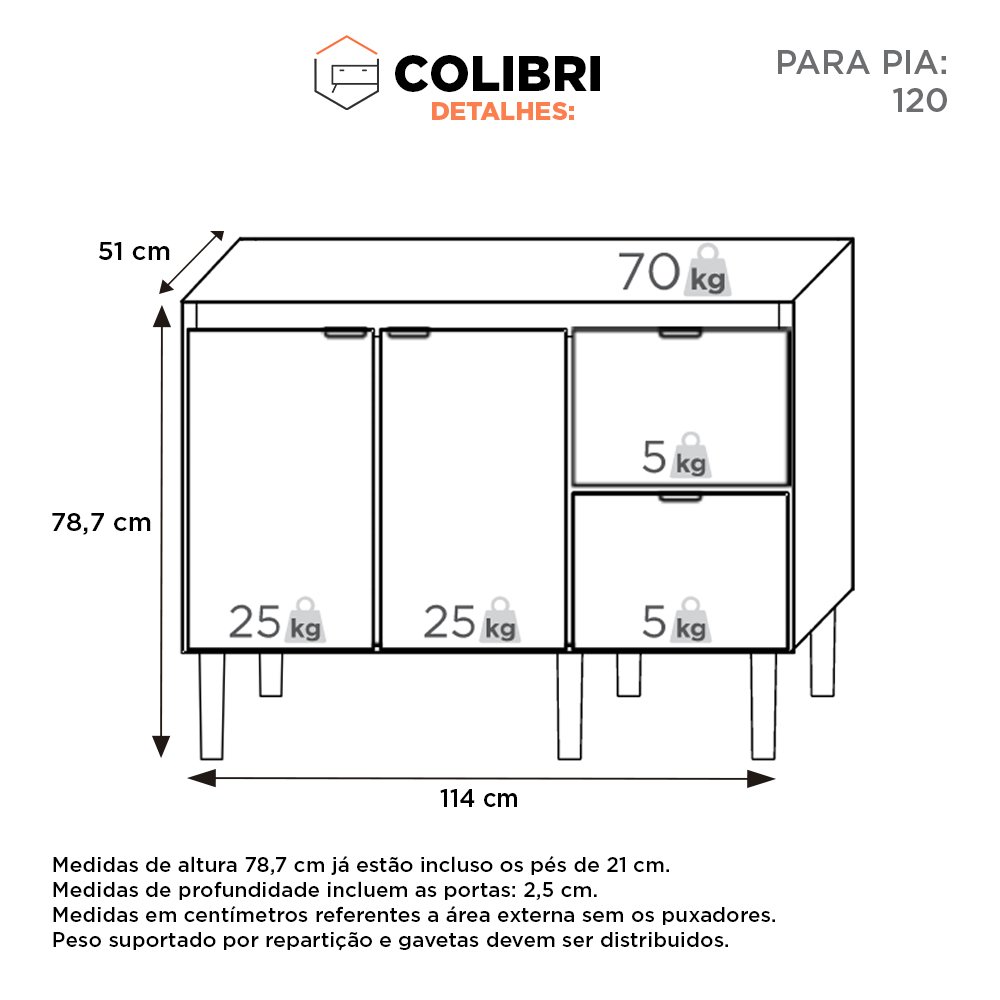 Gabinete de Cozinha para Pia de 120 em Madeira Colibri 2 Gavetas Preto/branco - Cozimax - 5