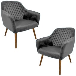 Kit 2 Poltronas Decorativas Versalhes Pés Palito Madeira Veludo Cinza - Gran Belo - 1
