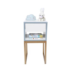 Mesa de Cabeceira Branca 30cm Eco Quarto Infantil Menino Azul Base Metal Dourada