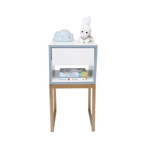 Mesa de Cabeceira Branca 30cm Eco Quarto Infantil Menino Azul Base Metal Dourada