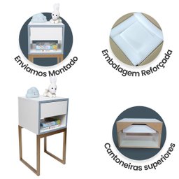 Mesa de Cabeceira Branca 30cm Eco Quarto Infantil Menino Azul Base Metal Dourada - 4