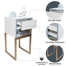 Mesa de Cabeceira Branca 30cm Eco Quarto Infantil Menino Azul Base Metal Dourada - 3