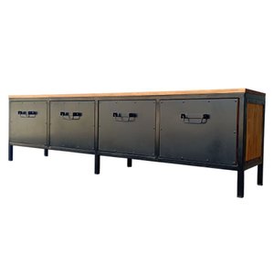 Rack de Ferro e Madeira Modelo Industrial C/ 4 Gavetas - Ferro em Preto e Madeira Maciça Castanheira