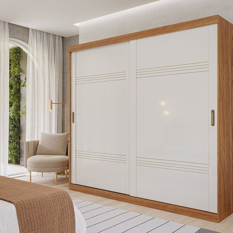 Guarda-Roupa Casal 2 Portas de Correr 243cm 100% MDF Marsala Espresso Móveis Bege/Cinamomo/Off White