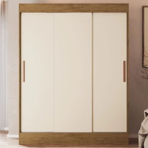 Guarda Roupa Solteiro 3 Portas 2 Gavetas Marselha Off White / Nogueira