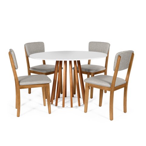 Mesa de Jantar Redonda Gabi Nat/bran com 4 Cadeiras Estofadas Ella Cinza Claro