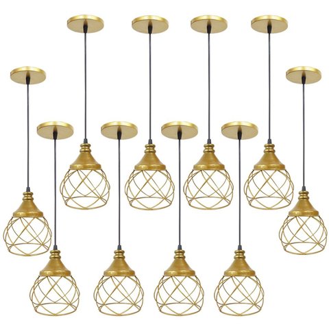 10 Pendentes Aramado Esfera Balonê Dourado Lustre Luminária Teto Regulável Sala Cozinha Industrial a