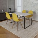 Ver imagem 1 de Mesa Industrial Base de Ferro Preto 137x90 Tampo Branco 4 Cadeiras Eiffel Madeira Assento Amarelo