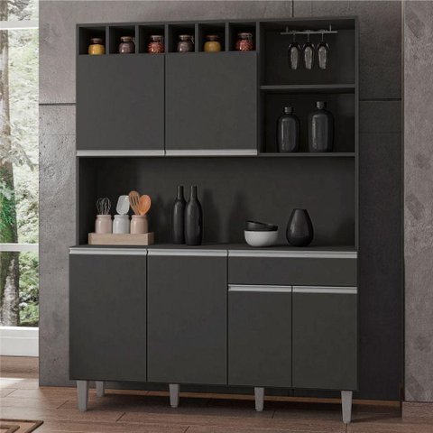 Armário de Cozinha Completo Delara 6 Portas Cinza