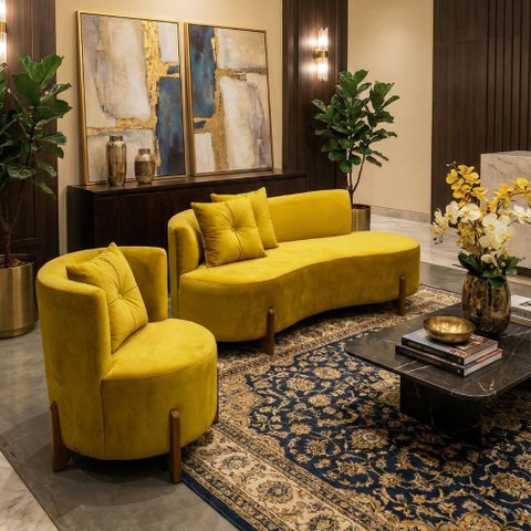 Conjunto 01 Poltrona + Sofá Curvo Orgânico Veludo Amarelo - Montanaris Decor