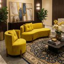 Ver imagem 1 de Conjunto 01 Poltrona + Sofá Curvo Orgânico Veludo Amarelo - Montanaris Decor