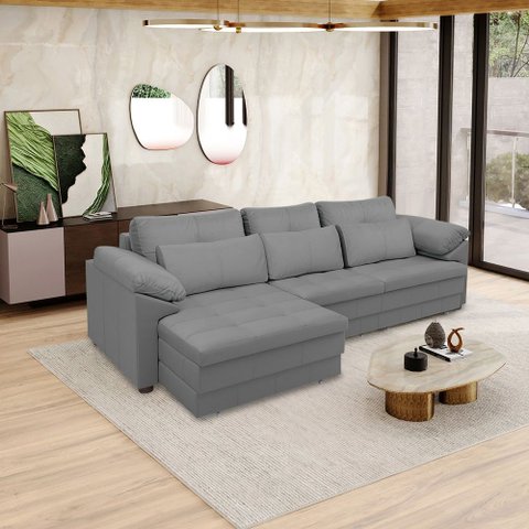 Sofá Retrátil Manual Sala de Estar Nolan Bipartido 257cm Conforto Premium em Couro Cinza G58 - Gran 