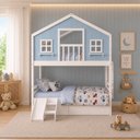 Ver imagem 6 de Beliche Solteiro Casinha Dos Sonhos com Varanda 02 Gavetas Kit Escorregador Madeira Maciça Branco