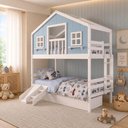 Ver imagem 1 de Beliche Solteiro Casinha Dos Sonhos com Varanda 02 Gavetas Kit Escorregador Madeira Maciça Branco