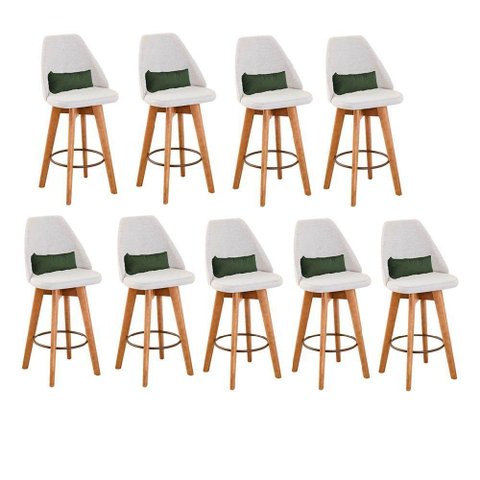 Kit 09 Banquetas Linho Bege E Almofada Suede Verde Musgo