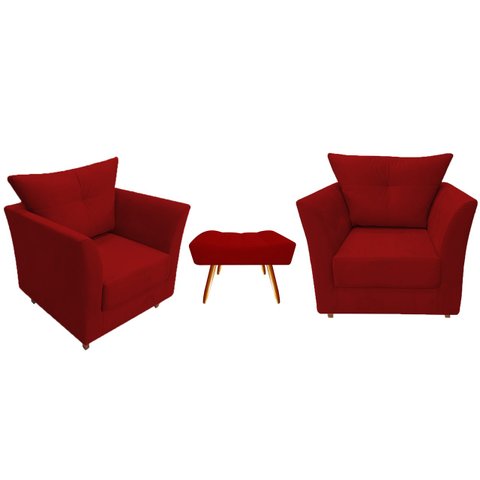 Kit 2 Poltronas Decorativa Isis + Puff Retangular Suede Vermelho Pés Madeira Ms Decor