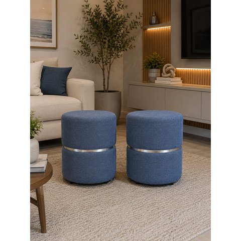 Kit de Puff com Cinta no Meio Prata Azul Linho - Let Móveis