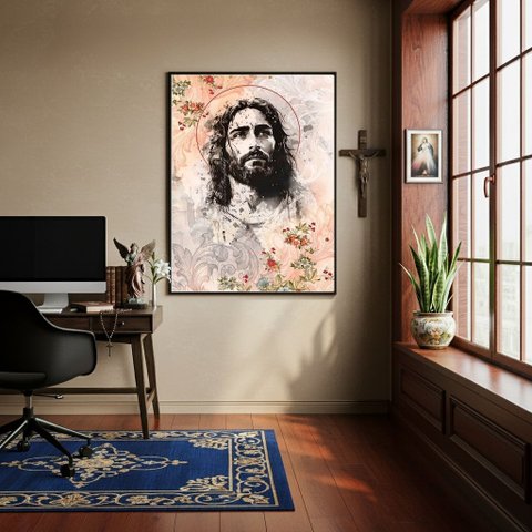 Quadro Decorativo Jesus Cristo Flores - 70x50cm:moldura Preta