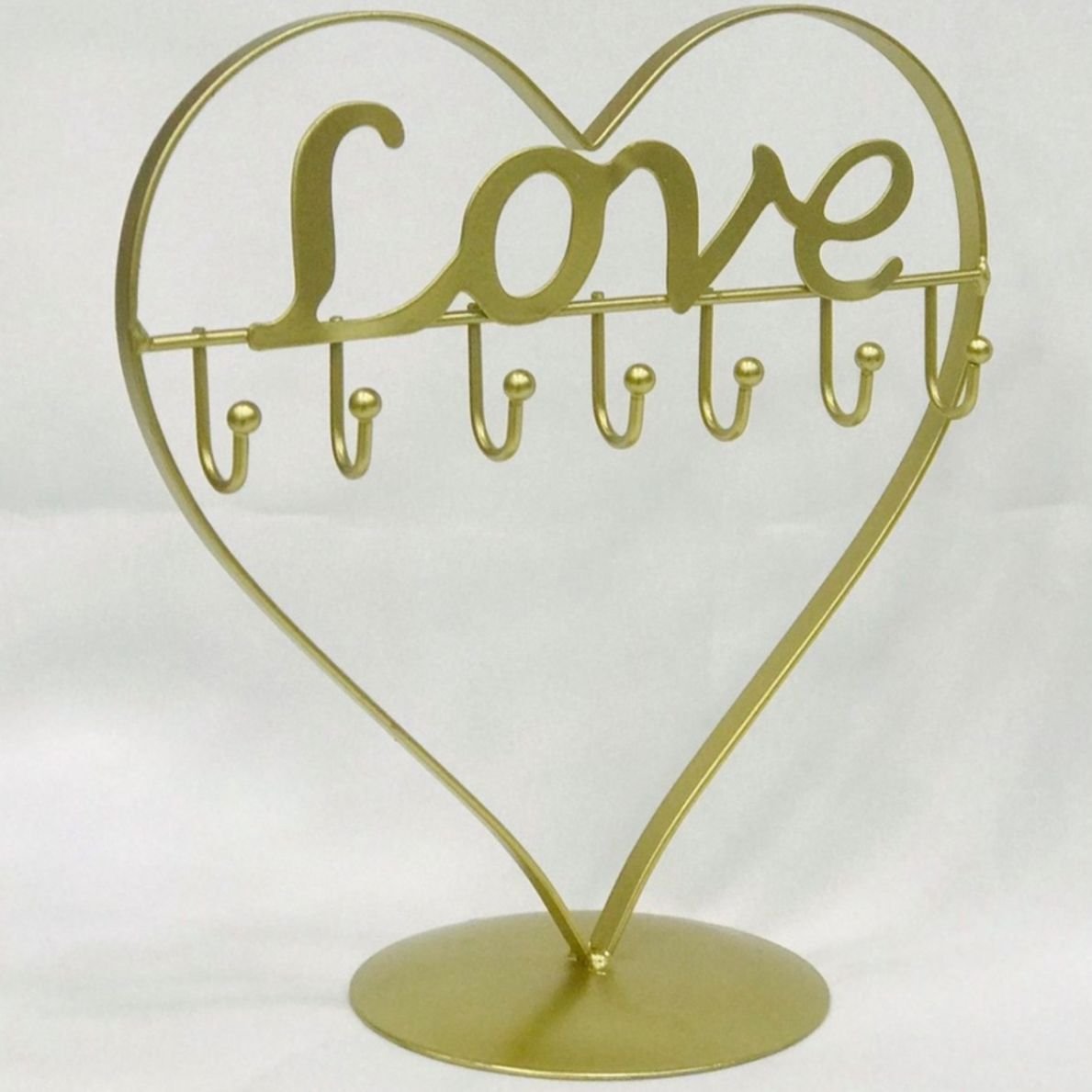 Organizador Porta Jóias Love com 6 Ganchos para Bijuterias Formato Coração:Dourado - 1