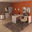 Ver imagem 1 de Kit para Escritório com Mesa em L Estante Balcão Gaveteiro 2 Portas 3 Gavetas MDP Branco Tecno