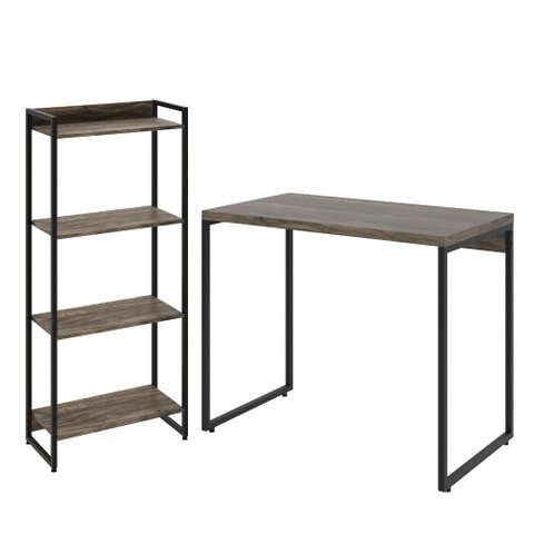 Kit Escritório Estante Areta 4 Prateleiras Mesa Industrial Aspen 90cm C01 Carvalho Dark - Lyam