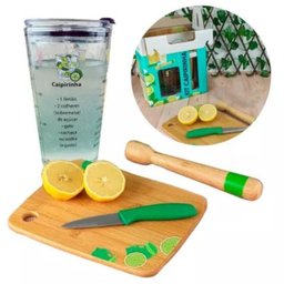 Kit Caipirinha Copo Receita Socador Drink Tábua Madeira Faca - 2