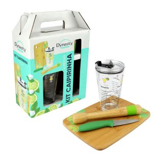 Kit Caipirinha Copo Receita Socador Drink Tábua Madeira Faca
