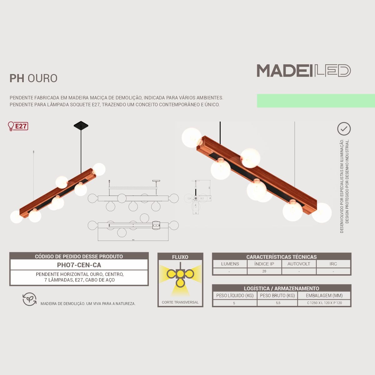 Pendente Horizontal Ouro 7 Roscas E27 Madeira Maciça - 5