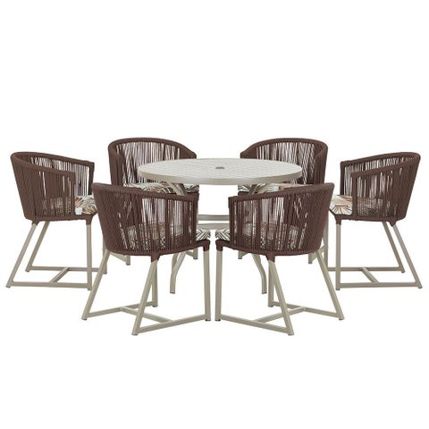Mesa com 6 Cadeiras de Jantar Roma 120cm e Noronha em Alumínio Fendi Corda Náutica Estofado 6 Trama