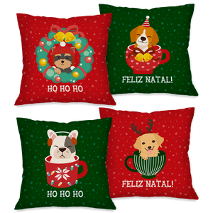 Kit com 4 Capas para Almofadas Natalinas Pets e Suas Xícaras
