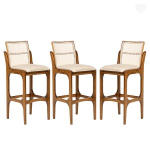 Kit 3 Banquetas Alta com Encosto Lisboa Encosto Rattan Madeira Imbuia Linho Bege M58 Rmi