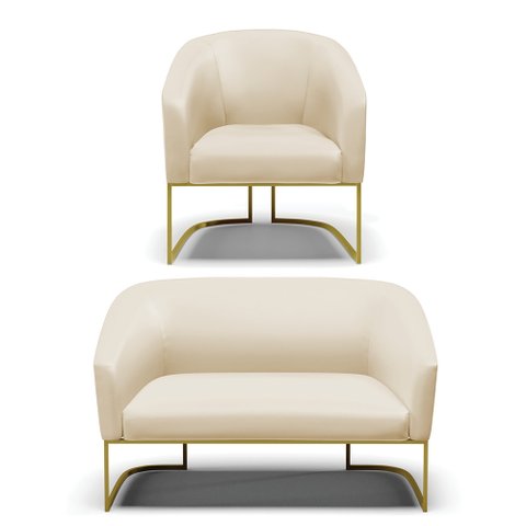 Sofá Namoradeira e Poltrona Base Industrial Dourado Stella Corino Bege D03 - D'Rossi