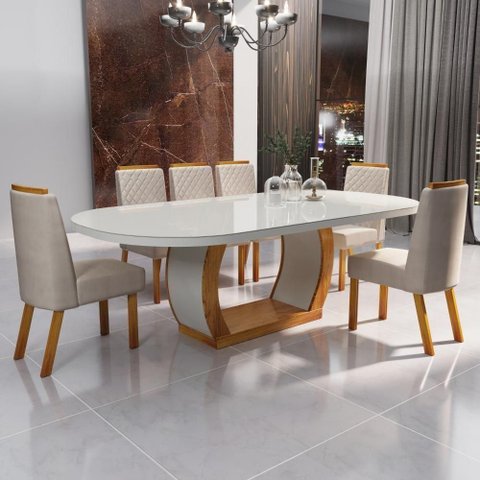 Sala de Jantar Bom Pastor 6 Lugares Tampo MDF com Vidro Off-White Cadeiras Bege 196cm Bom Pastor