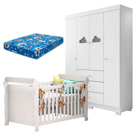 Berço Americano Lara e Guarda Roupa Infantil Ane Branco Brilho com Colchão Ortobom - Phoenix Baby