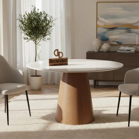 Mesa de Jantar Cone Verniz Tampo Redondo Laca com Vidro 90cm MDF Amadeirado Decoraper