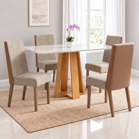 Conjunto Sala de Jantar Mesa Lisa 120cm Tampo MDF Vidro Canto Arredondado 4 Cadeiras Anne
