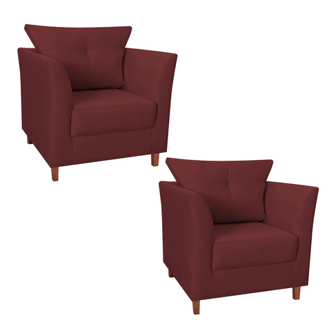 Jogo 02 Poltrona Estofada Com Almofada Isis Recepção Consultório Suede Vermelho Bordô - LM DECOR