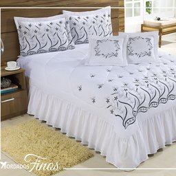 Kit Cobre Leito Casal Padrão Desejos 07 Peças Bordado - Branco com Preto - 1
