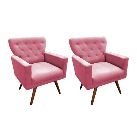 Kit 2 Poltronas Decorativa Aurora Suede Rosa Pés Madeira Ms Decor